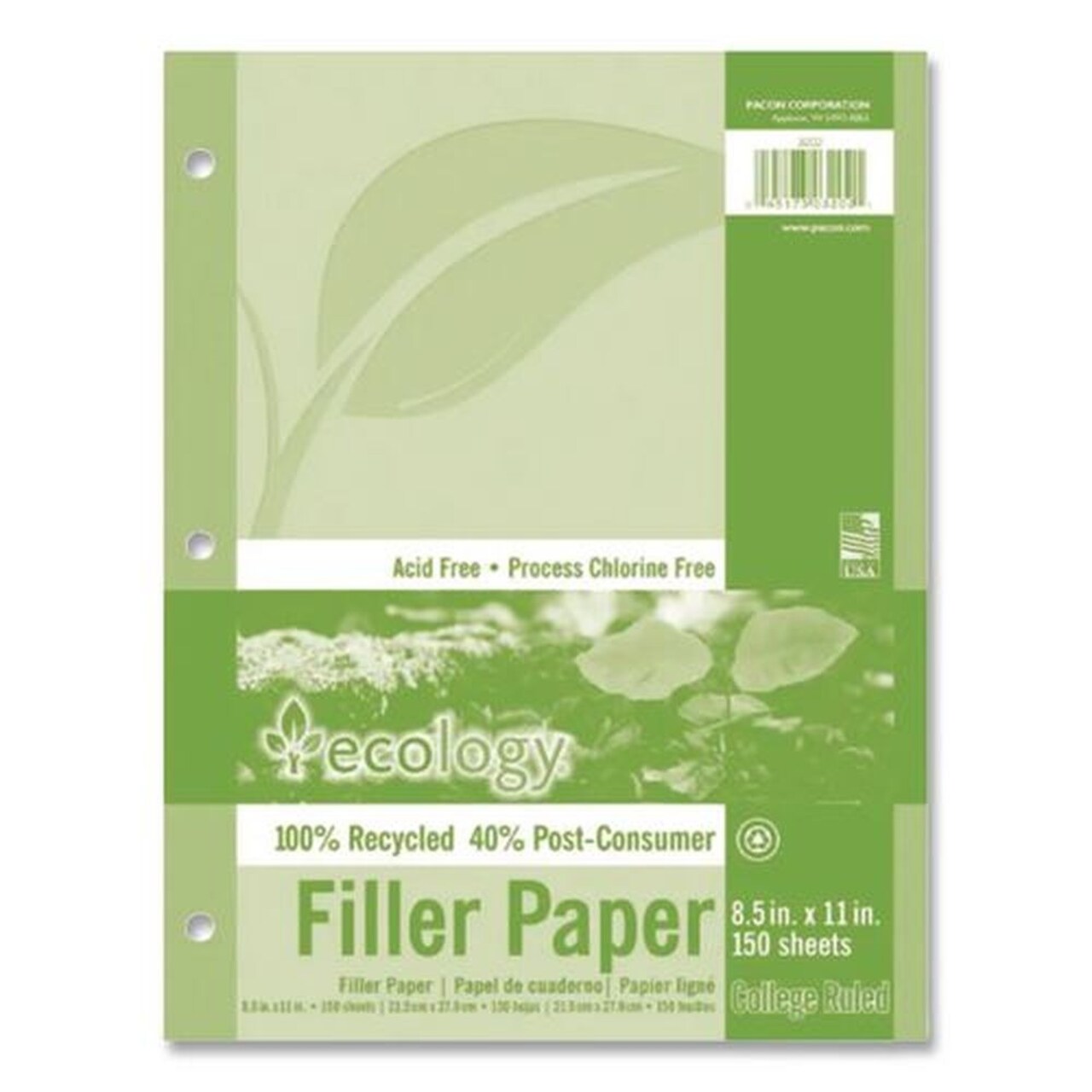 Pacon 8.5 in. x 11 in. Medium/College Rule 3-Hole Ecology Filler Paper (150/Pack)